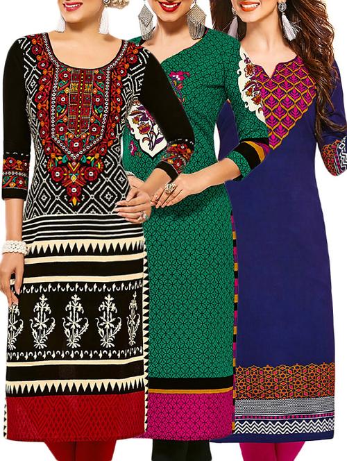 set of 3 multi colored cotton unstitched kurta - 13378333 - Very Small Image - 1