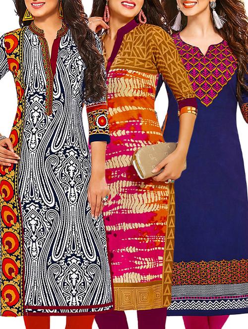 set of 3 multi colored cotton unstitched kurta - 13378371 - Very Small Image - 1