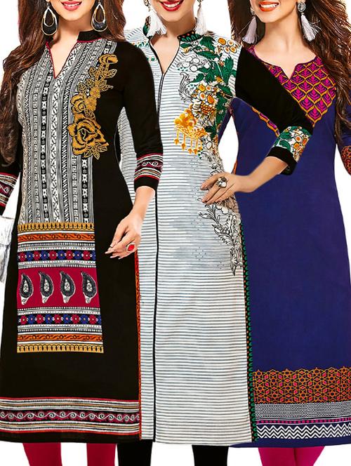set of 3 multi colored cotton unstitched kurta - 13378376 - Very Small Image - 1