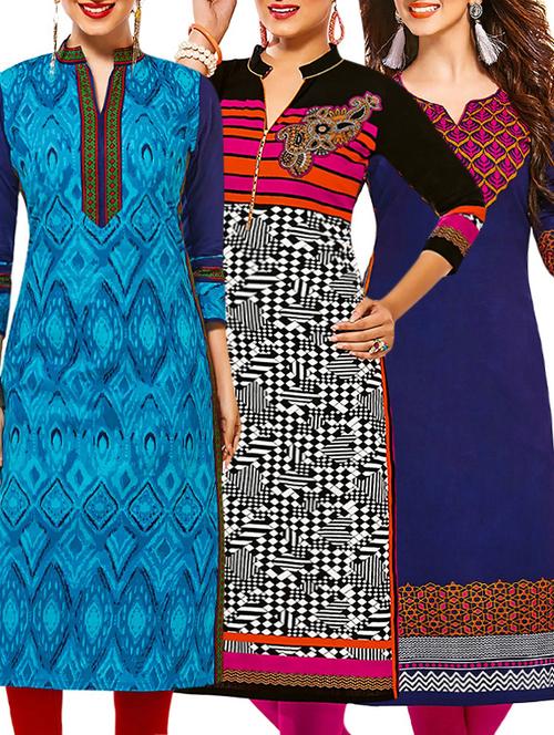 set of 3 multi colored cotton unstitched kurta - 13378379 - Very Small Image - 1