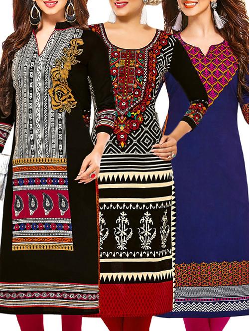 set of 3 multi colored cotton unstitched kurta - 13378385 - Very Small Image - 1