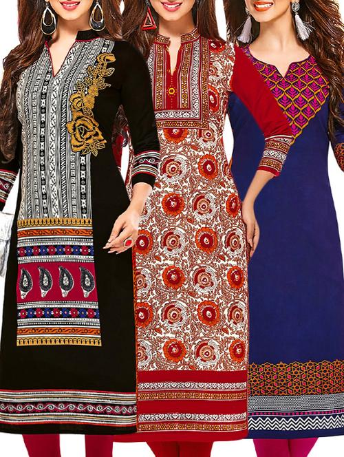 set of 3 multi colored cotton unstitched kurta - 13378390 - Very Small Image - 1