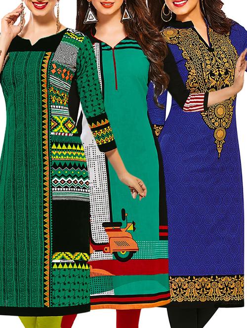 set of 3 multi colored cotton unstitched kurta - 13378393 - Very Small Image - 1
