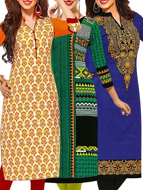 set of 3 multi colored cotton unstitched kurta - 13378395 - Very Small Image - 1