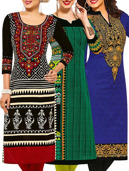 set of 3 multi colored cotton unstitched kurta - 13378404 - Very Small Image - 1