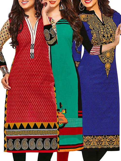 set of 3 multi colored cotton unstitched kurta - 13378409 - Very Small Image - 1