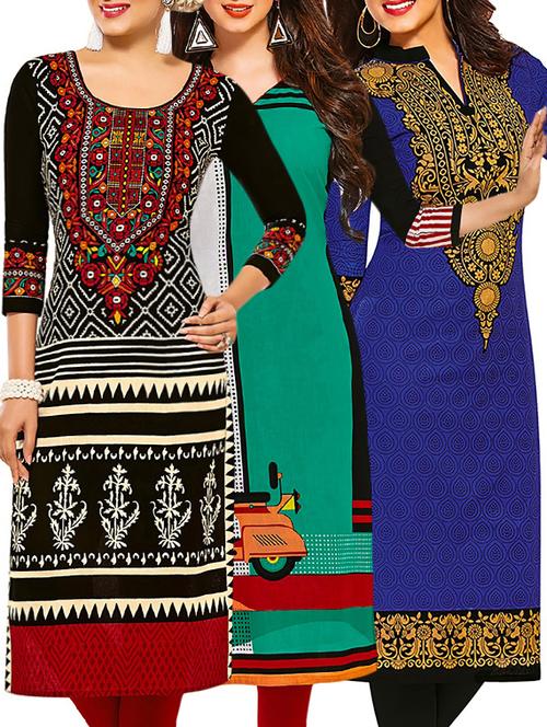 set of 3 multi colored cotton unstitched kurta - 13378419 - Very Small Image - 1