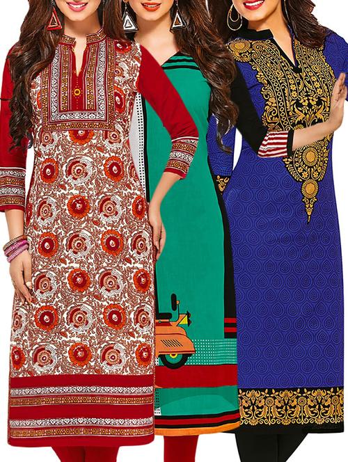 set of 3 multi colored cotton unstitched kurta - 13378421 - Very Small Image - 1