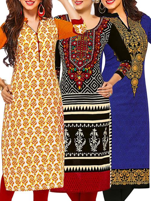 set of 3 multi colored cotton unstitched kurta - 13378446 - Very Small Image - 1