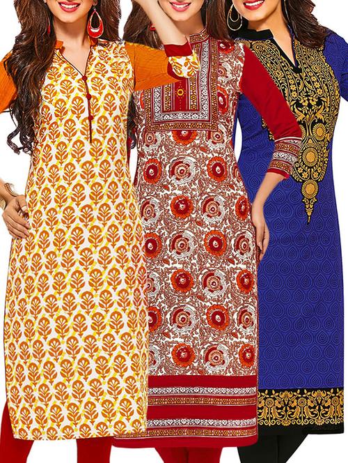 set of 3 multi colored cotton unstitched kurta - 13378448 - Very Small Image - 1