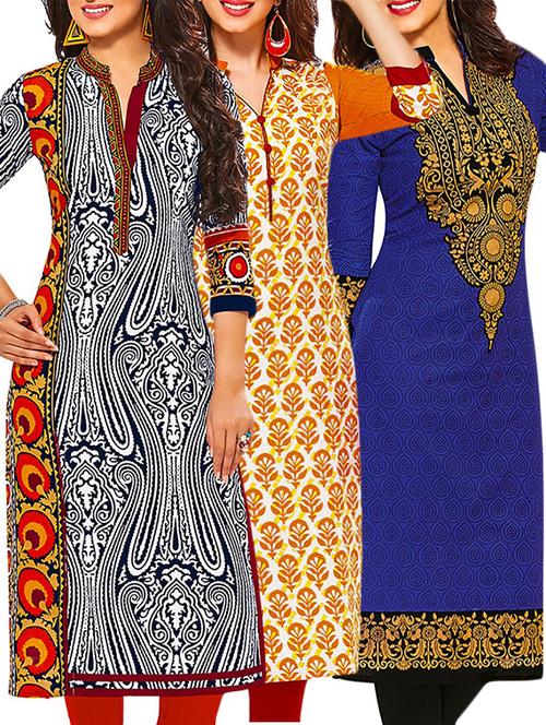 set of 3 multi colored cotton unstitched kurta - 13378450 - Very Small Image - 1
