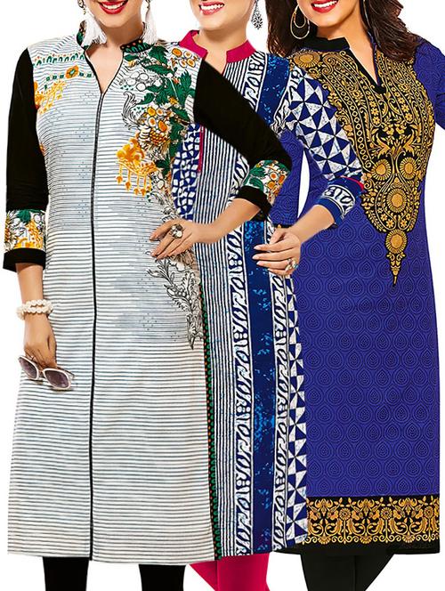 set of 3 multi colored cotton unstitched kurta - 13378456 - Very Small Image - 1