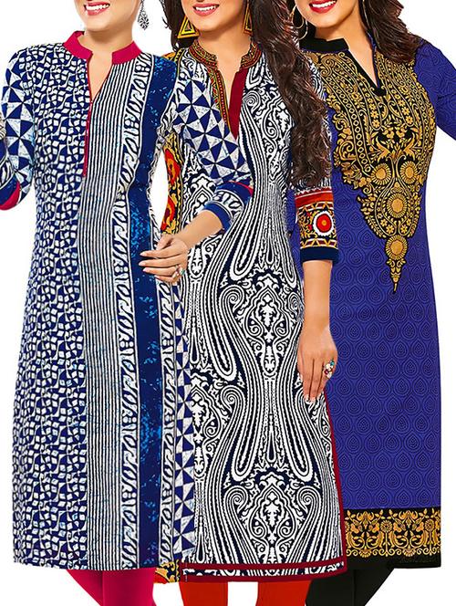 set of 3 multi colored cotton unstitched kurta - 13378462 - Very Small Image - 1