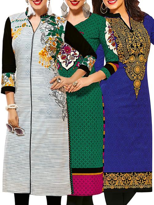 set of 3 multi colored cotton unstitched kurta - 13378467 - Very Small Image - 1
