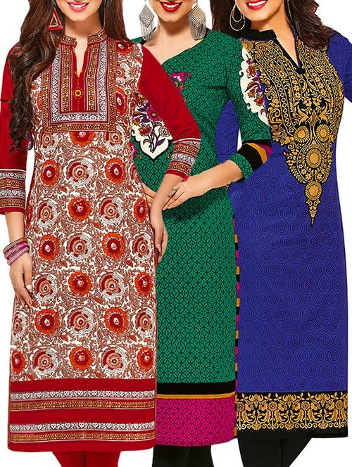 set of 3 multi colored cotton unstitched kurta - 13378471 - Very Small Image - 1