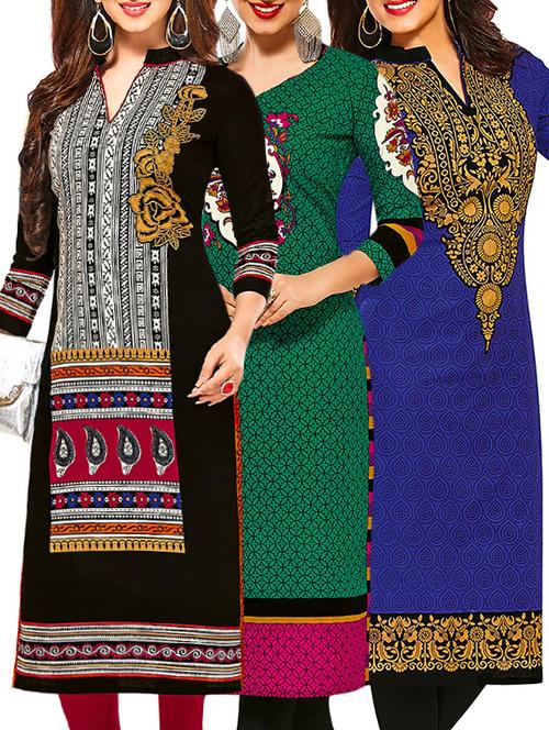 set of 3 multi colored cotton unstitched kurta - 13378472 - Very Small Image - 1
