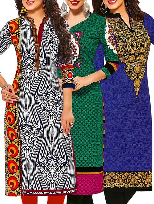 set of 3 multi colored cotton unstitched kurta - 13378473 - Very Small Image - 1