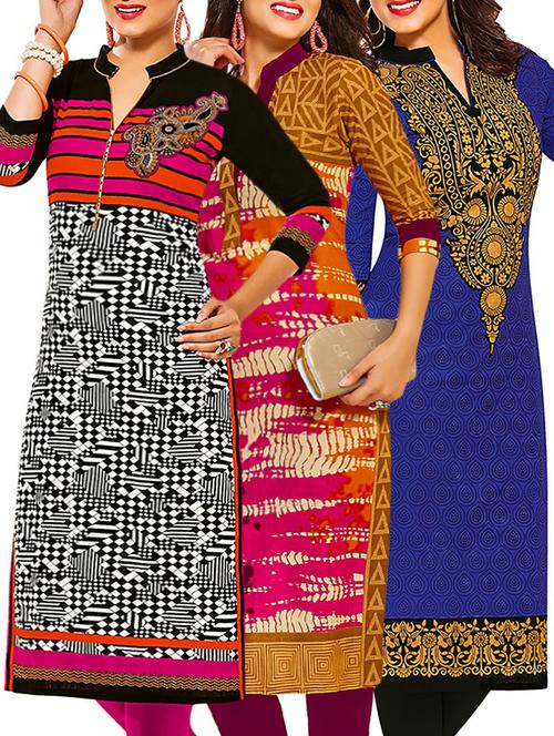 set of 3 multi colored cotton unstitched kurta - 13378504 - Very Small Image - 1
