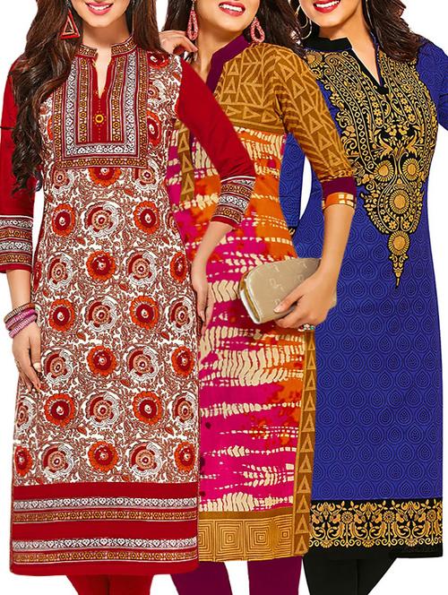 set of 3 multi colored cotton unstitched kurta - 13378505 - Very Small Image - 1