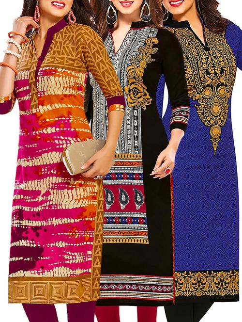 set of 3 multi colored cotton unstitched kurta - 13378506 - Very Small Image - 1