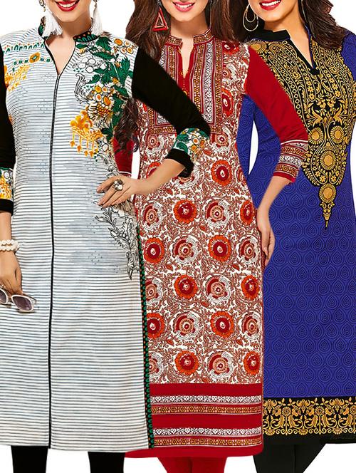set of 3 multi colored cotton unstitched kurta - 13378511 - Very Small Image - 1