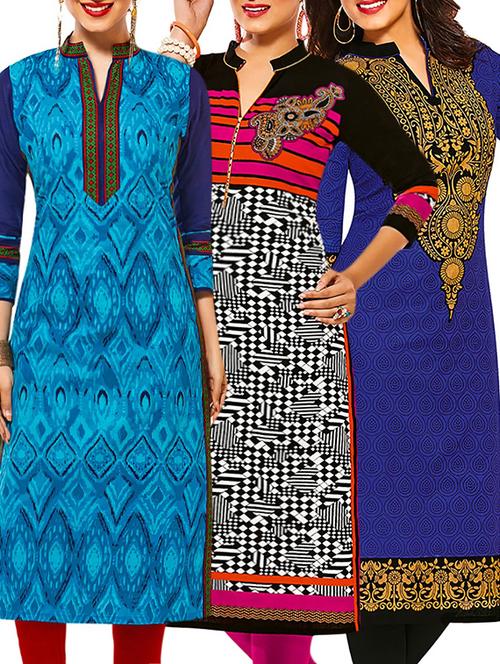 set of 3 multi colored cotton unstitched kurta - 13378515 - Very Small Image - 1