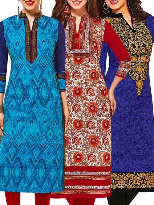 set of 3 multi colored cotton unstitched kurta - 13378516 - Very Small Image - 1