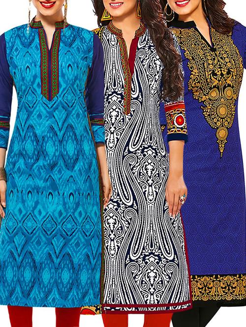set of 3 multi colored cotton unstitched kurta - 13378518 - Very Small Image - 1