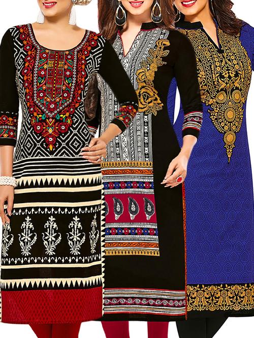 set of 3 multi colored cotton unstitched kurta - 13378521 - Very Small Image - 1