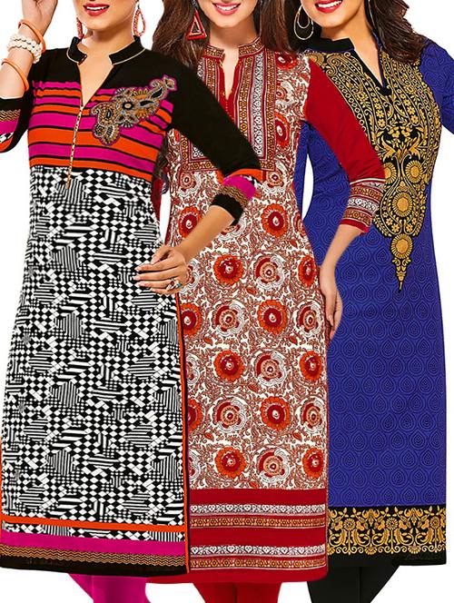 set of 3 multi colored cotton unstitched kurta - 13378523 - Very Small Image - 1