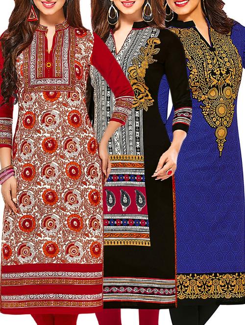 set of 3 multi colored cotton unstitched kurta - 13378526 - Very Small Image - 1