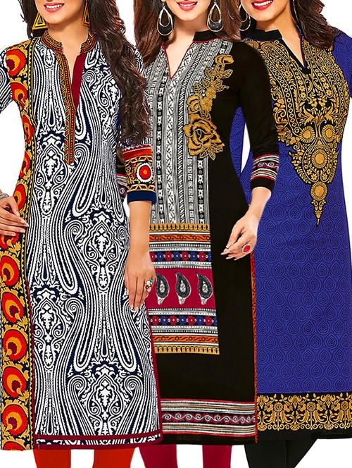 set of 3 multi colored cotton unstitched kurta - 13378528 - Very Small Image - 1