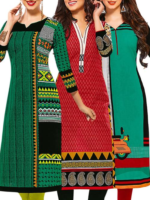 set of 3 multi colored cotton unstitched kurta - 13378529 - Very Small Image - 1