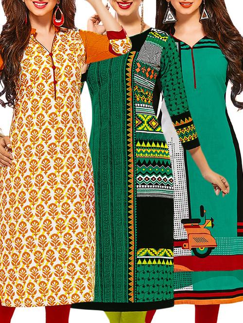 set of 3 multi colored cotton unstitched kurta - 13378530 - Very Small Image - 1