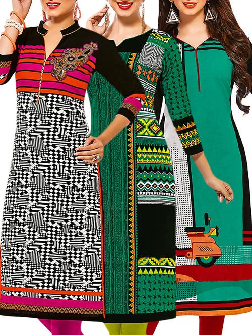 set of 3 multi colored cotton unstitched kurta - 13378540 - Very Small Image - 1