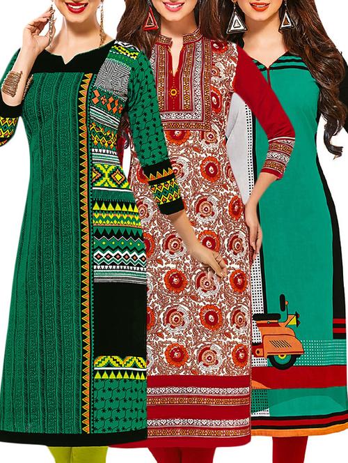 set of 3 multi colored cotton unstitched kurta - 13378541 - Very Small Image - 1