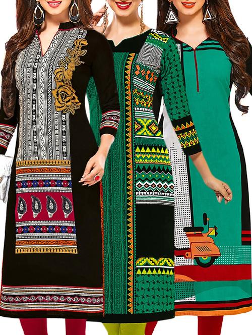 set of 3 multi colored cotton unstitched kurta - 13378542 - Very Small Image - 1