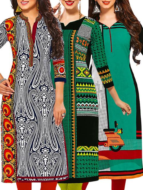 set of 3 multi colored cotton unstitched kurta - 13378543 - Very Small Image - 1