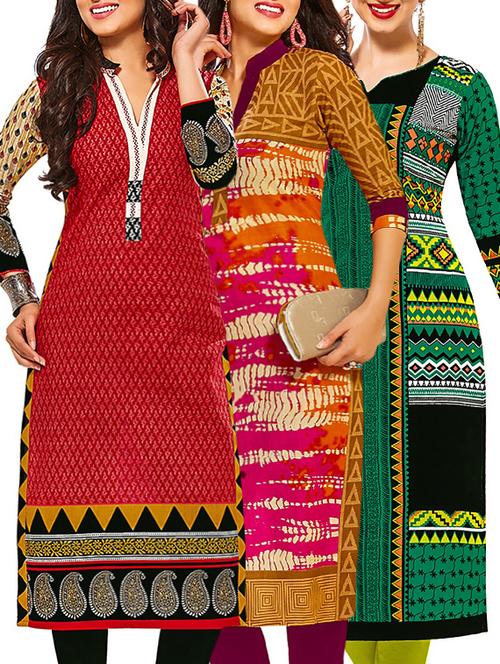 set of 3 multi colored cotton unstitched kurta - 13378550 - Very Small Image - 1