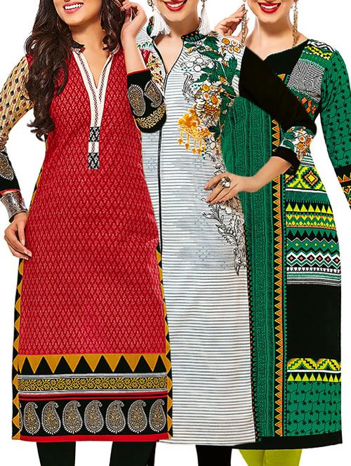 set of 3 multi colored cotton unstitched kurta - 13378551 - Very Small Image - 1