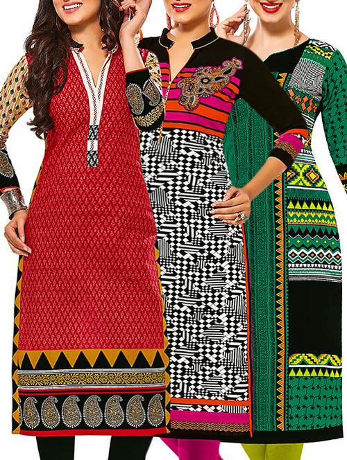set of 3 multi colored cotton unstitched kurta - 13378554 - Very Small Image - 1