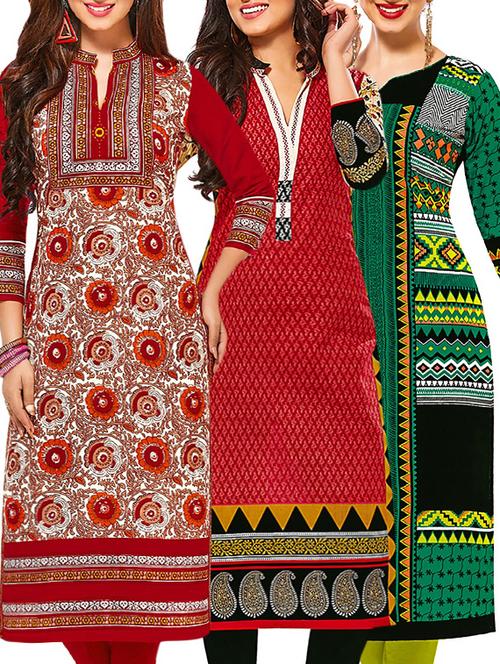 set of 3 multi colored cotton unstitched kurta - 13378555 - Very Small Image - 1