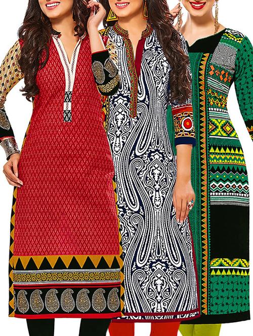 set of 3 multi colored cotton unstitched kurta - 13378557 - Very Small Image - 1