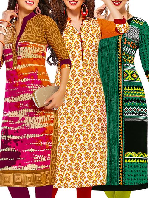 set of 3 multi colored cotton unstitched kurta - 13378563 - Very Small Image - 1
