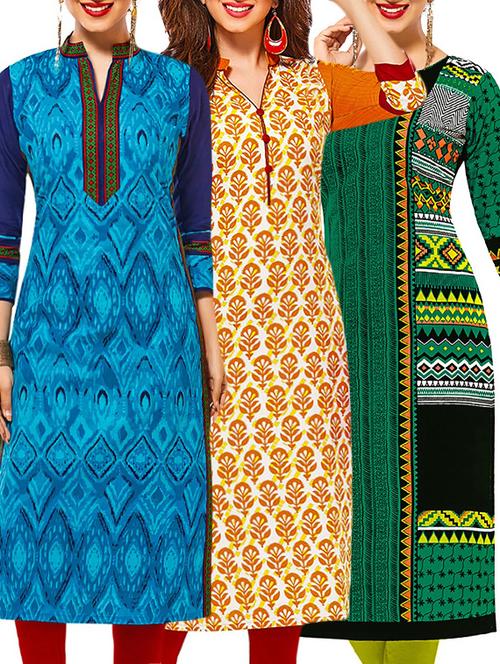 set of 3 multi colored cotton unstitched kurta - 13378565 - Very Small Image - 1