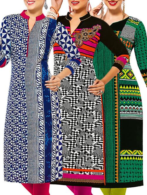 set of 3 multi colored cotton unstitched kurta - 13378579 - Very Small Image - 1