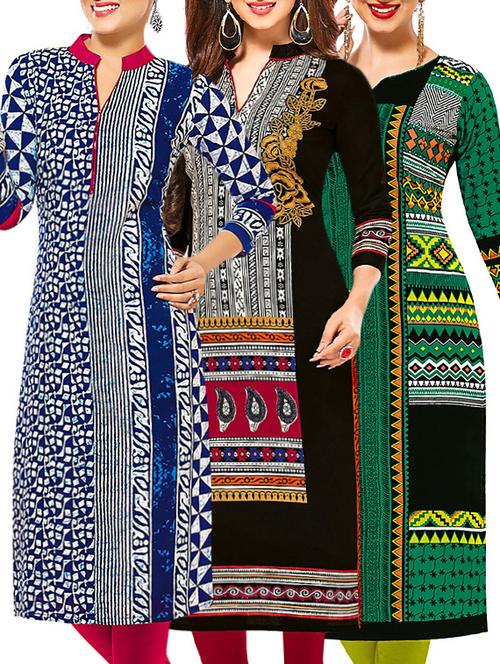 set of 3 multi colored cotton unstitched kurta - 13378581 - Very Small Image - 1
