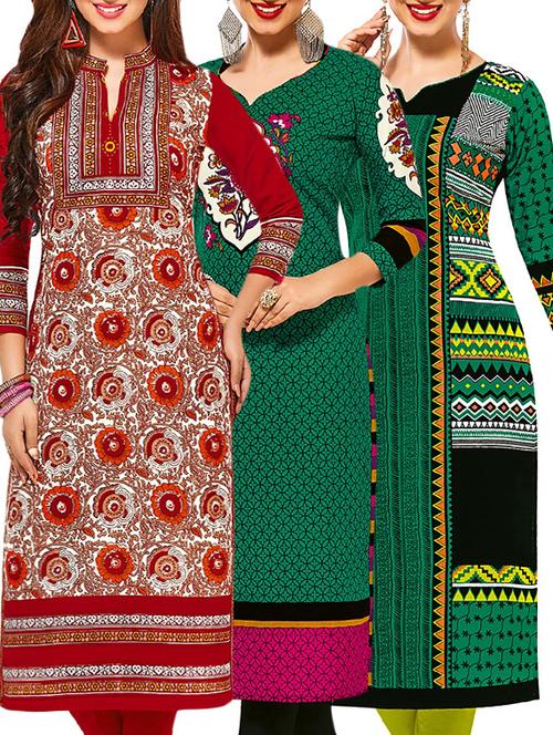 set of 3 multi colored cotton unstitched kurta - 13378591 - Very Small Image - 1