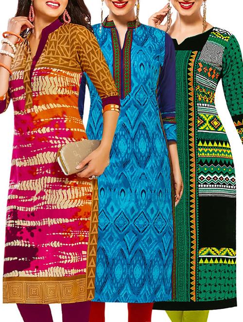 set of 3 multi colored cotton unstitched kurta - 13378622 - Very Small Image - 1
