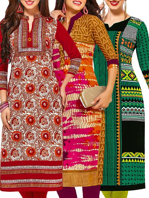 set of 3 multi colored cotton unstitched kurta - 13378625 - Very Small Image - 1